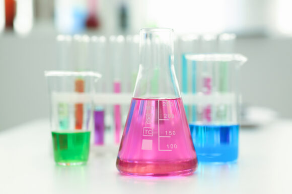 Chemical,industry,bulb,with,blue,magenta,pink,liquid,lab,tubes