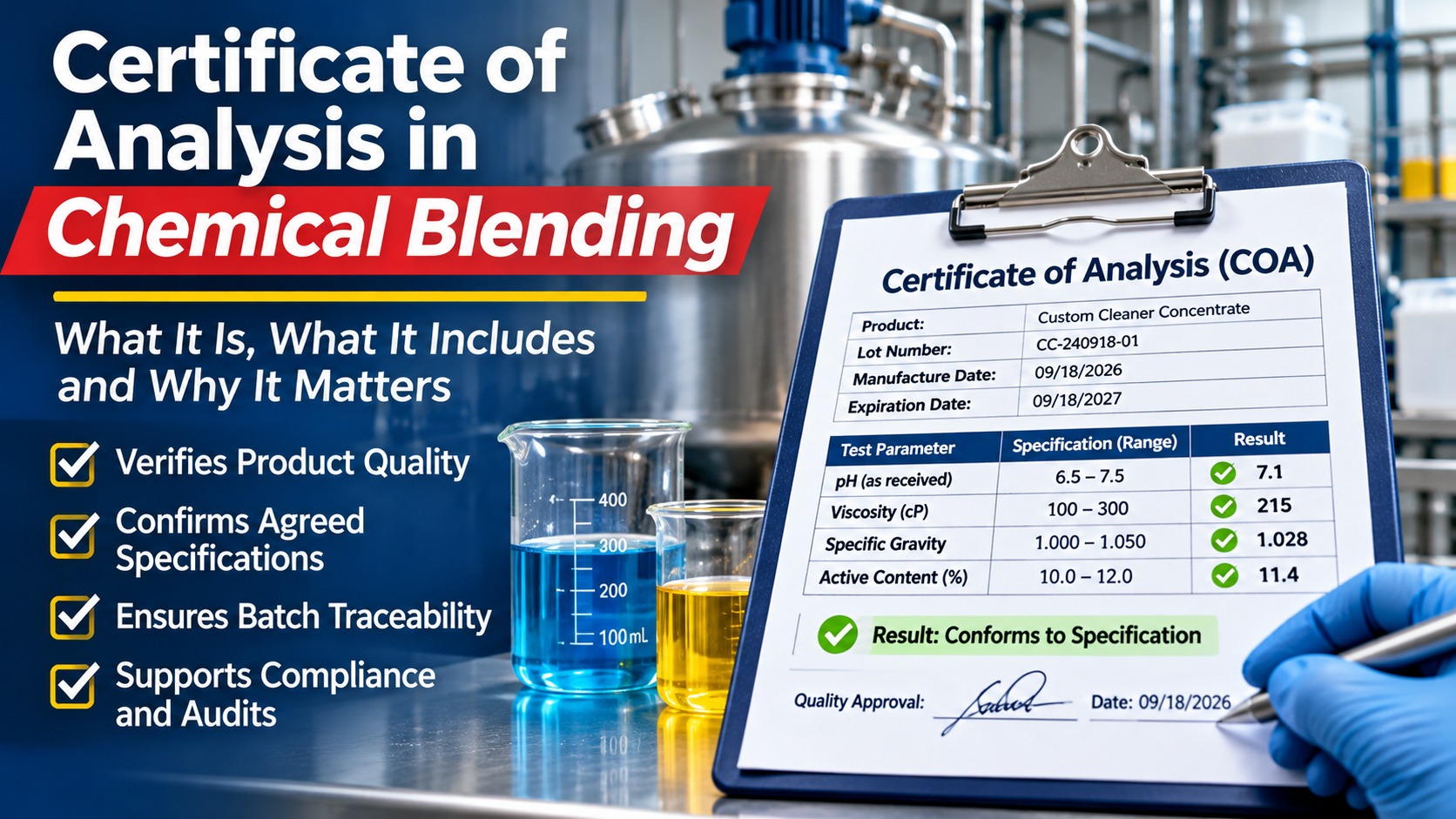 Certificate of Analysis for a custom chemical blend showing batch test results, specification ranges, lot number, and quality approval in an industrial laboratory.