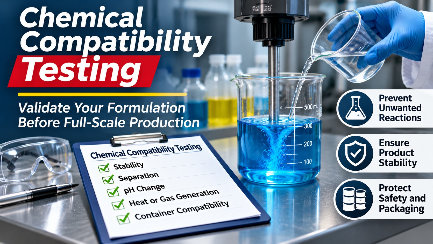 Chemical compatibility testing in a laboratory with a technician mixing liquid samples in a beaker and a checklist for stability, pH, reactions, and packaging compatibility.