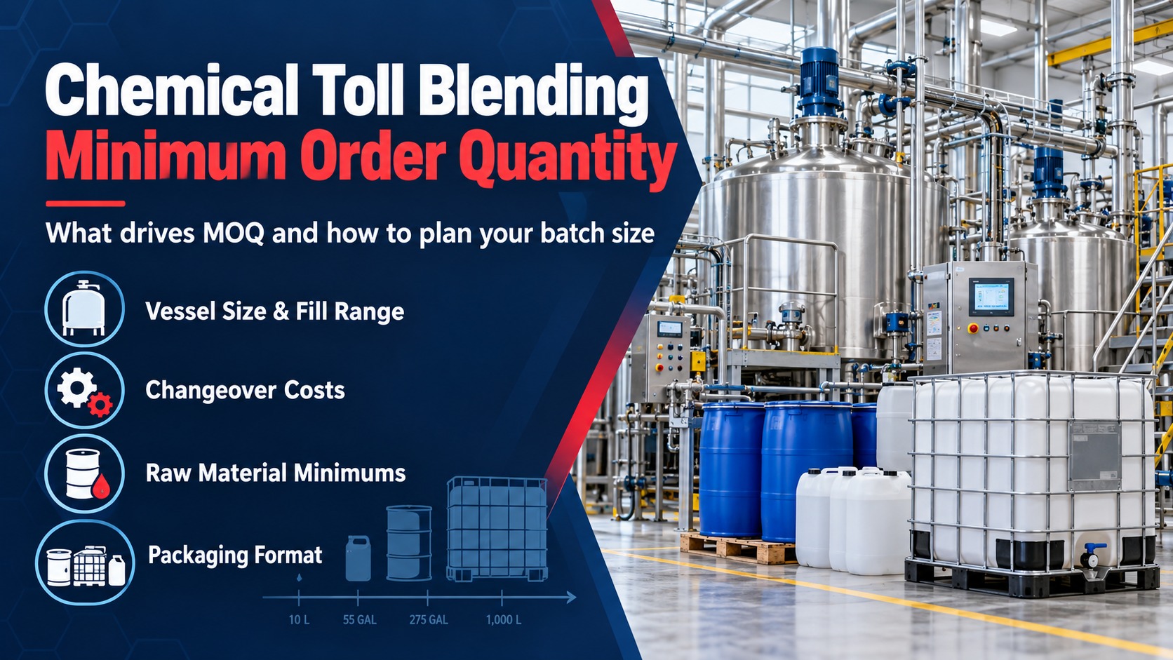 Industrial chemical toll blending facility with stainless steel mixing tanks, chemical drums, and totes alongside the main factors affecting minimum order quantities.