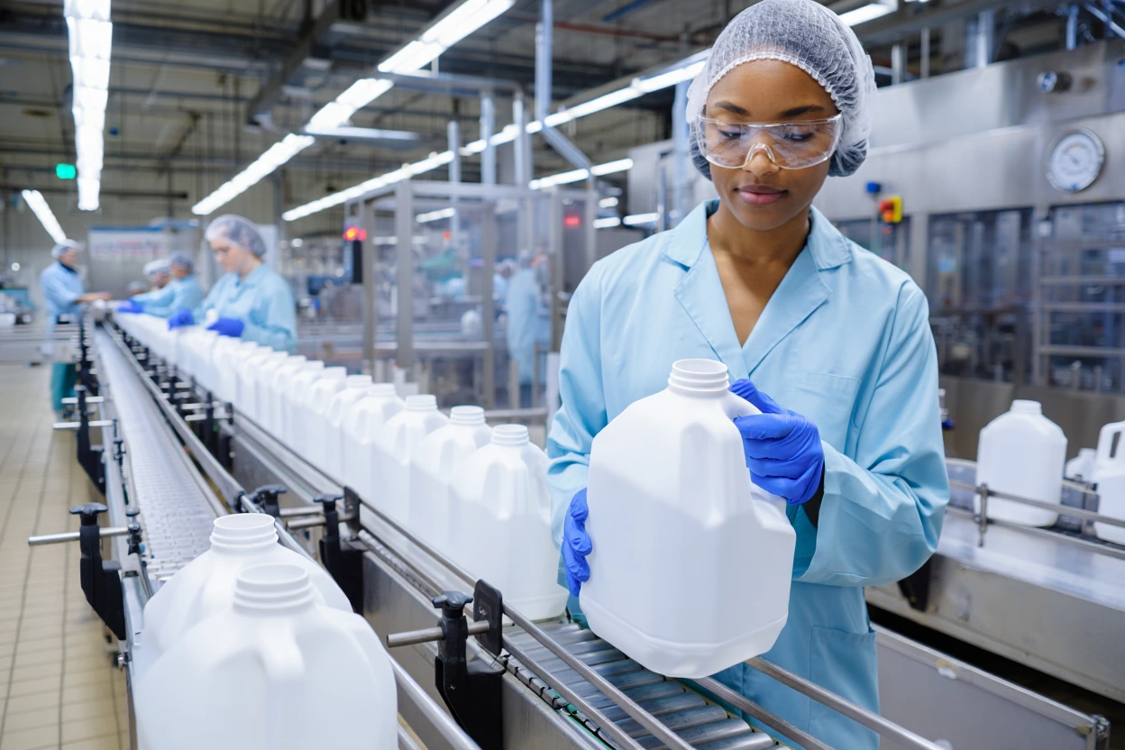 Quality control technician inspecting a finished batch of industrial degreaser before packaging